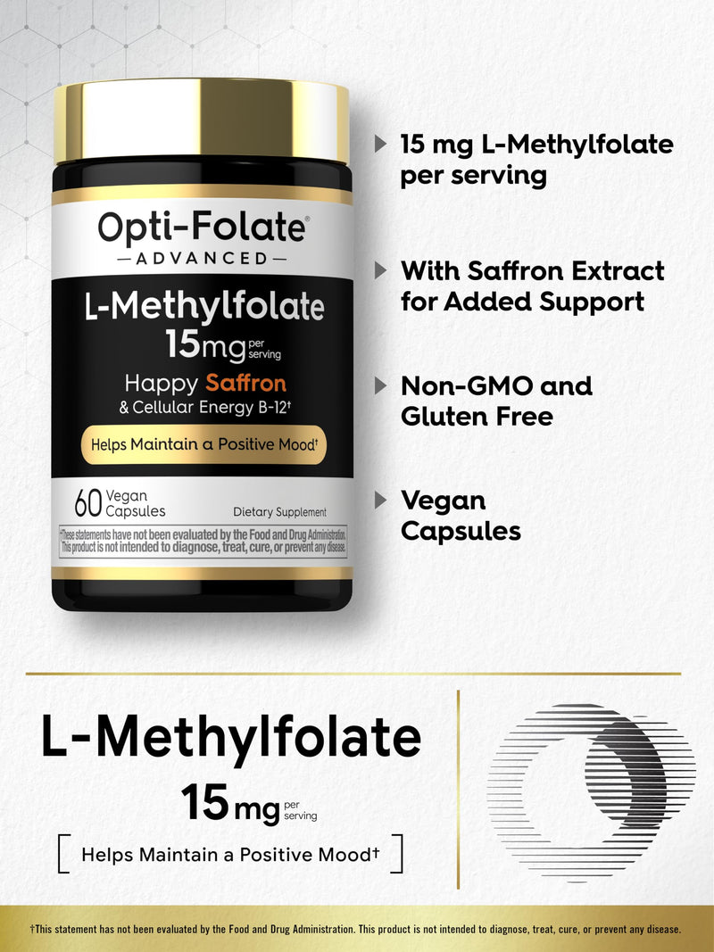 Carlyle L Methylfolate 15mg | 60 Capsules | with Methyl B12 & Saffron | Vegan, Non-GMO, Gluten Free Supplement | by Opti-Folate