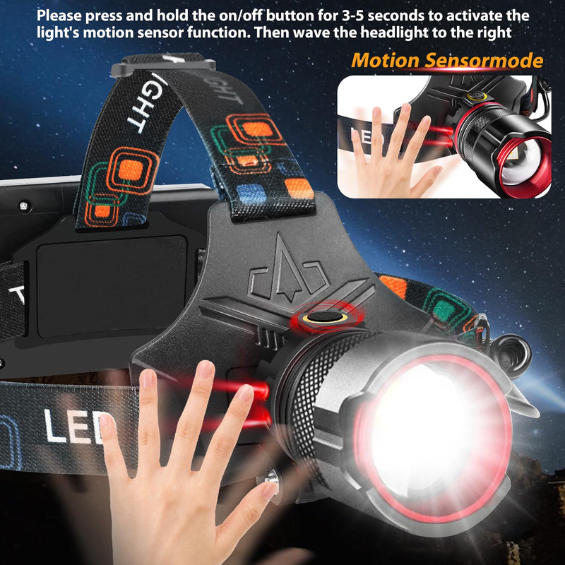 Headlamp Rechargeable, Super Bright with 5 Modes, Motion Sensor Head Lamp Batteries Included, Waterproof Headlamps for Camping Hunting Running Fishing Biking