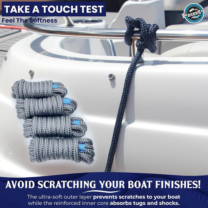 WavesRx Premium Fender Line - 4 Pack | Double Braided Nylon Boat Lines and Ropes for Docking Buoys & Fenders | Marine Dock Ropes for Boats, Pontoons (Marine Gray) Marine Gray