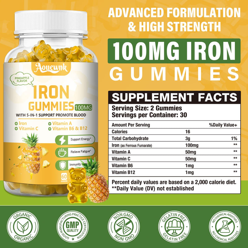 1 Pack 100MG Iron Supplement Gummies for Women & Men | with Vitamin C, A, B - for Adults & Kids, Iron Deficiency, Immune & Energy Support, Pineapple Flavor, Non-GMO, 60 Counts 60 Count (Pack of 1)