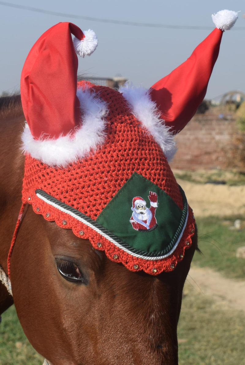 Santa Claus Christmas Horse Fly Bonnet Net Hat Hood Mask Fly Veil Full Hand Made Cotton Full (Red, Pony) Red - BeesActive Australia