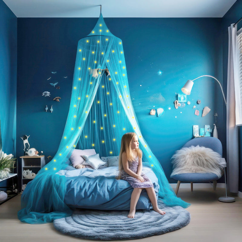 Blue Canopy for Girls Bed with Pre-Glued Glow in The Dark Stars - Princess Mosquito Net Room Decor - Kids & Baby Bedroom Tent with Galaxy Lights - 1 Opening Canopy Bed & Hanging Kit Included Stars Yellow - Blue Netting - BeesActive Australia