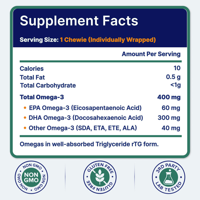 OmegaVia Omega 3 Chewies, Sugar-Free Vitamins for Kids Ages 3-12 (30 Chews) | Daily DHA Chewable for Kids, Brain & Eye Health Support, Natural Fruit Flavor, Omega 3 Fish Oil Chews, 30 Individual Packets 30 Count (Pack of 1)