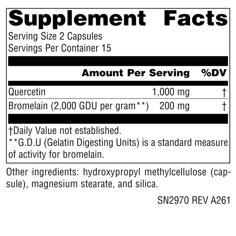 Source Naturals Quercetin with Bromelain, 500 mg - 30 Vegan Capsules | 1000 mg per Serving | Respiratory and Immune Support*