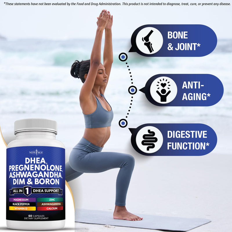NEW AGE DHEA Supplement - Pregnenolone for Men & Women with DIM, Ashwagandha, Boron, Calcium, Magnesium, Zinc, Vitamin D3 5000iu - Support Capsules - 180 Count 60 Count (Pack of 3)