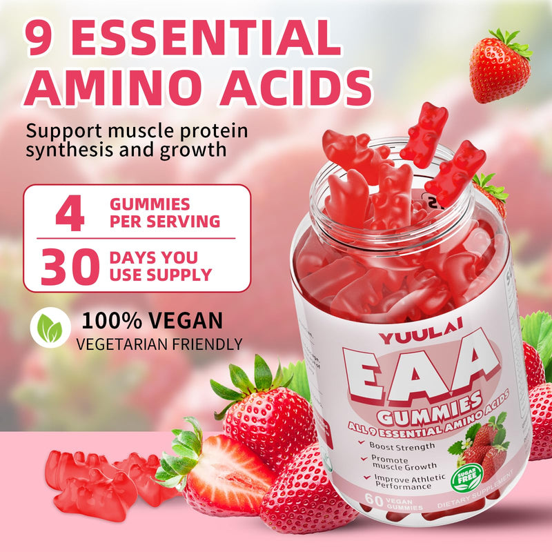 Pack of 2 EAA Gummies Essential Amino Acids - All 9 Essential Aminos (EAA) and All Branched-Chain Aminos (BCAAs) for Muscle Recovery, Energy Support, Strawberry Flavor, 120 Count 120 Count (Pack of 1)