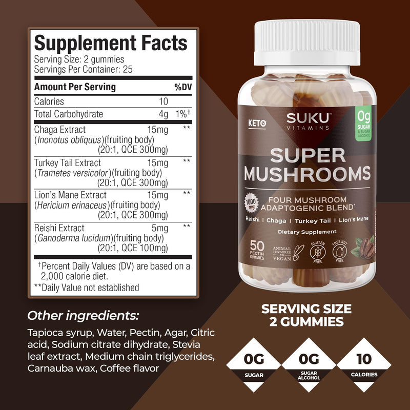 SUKU Vitamins - Super Mushroom -Reishi Chaga, Turkey Tail & Lions Mane Blend Gummies for Immunity - Easy to Chew - Non GMO, Gluten Sugar Free - Espresso Decaffeinated Flavored Gummy Vitamins, 50 Count