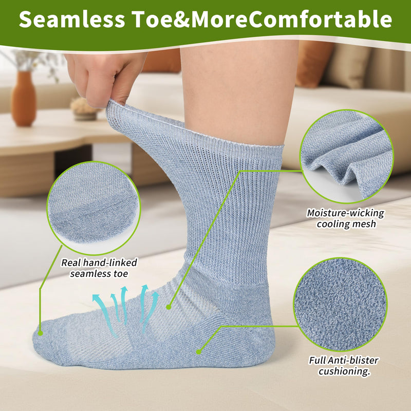 Diabetic Crew Socks for Men Women,Bamboo Viscose Non-Binding Loose Top Wide Socks with Seamless Toe 6-9 9-12 Black/White/Gray-blue/Coffee/Grass Gray Large