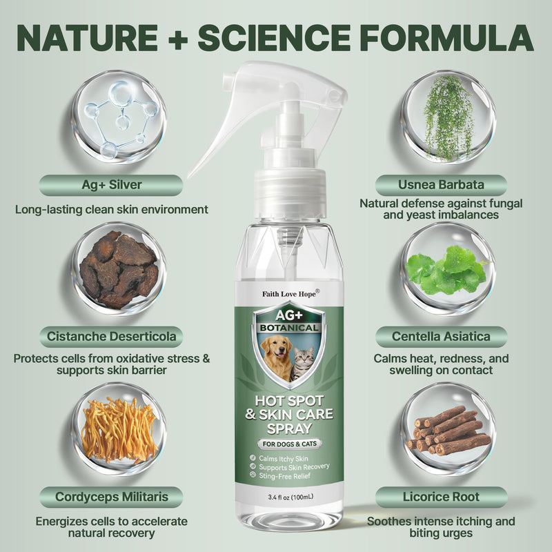 Faith Love Hope Hot Spot Spray for Dogs & Cats, Dog Itching Skin Relief, Botanical Skin Care Mist for Paw Licking & Red Irritated Areas - 3.4oz