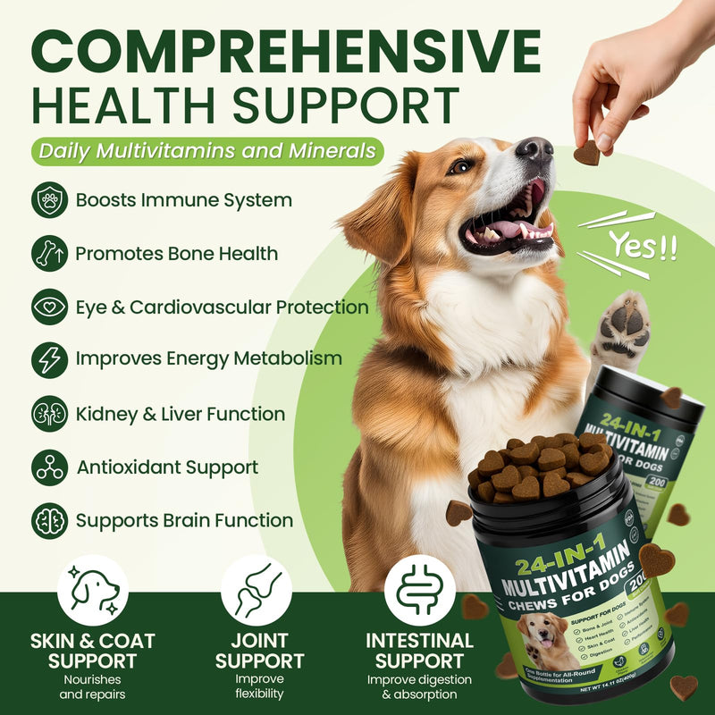 24-in-1 Dog Multivitamins Chewable, 200 Count Dog Vitamins and Supplements with Glucosamine Chondroitin Probiotics Omega-3 for Skin Coat Hip Joint Heart Liver Brain Eye Support - Chicken