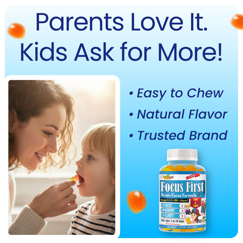 Focus Supplement for Kids & Teens, Focus Gummies for Teens, Omega 3 DHA for Memory, Concentration and Attention, Brain Supplements Children Focus Gummies, 60 Count