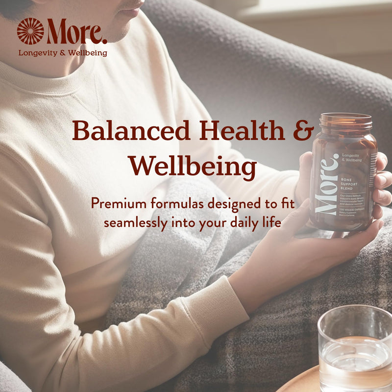 More. Longevity & Wellbeing Premium Calcium Supplement - Bone Strength Supplements with Magnesium, Vitamin D3 + K2 & Zinc for Bone Health Support - 4 Capsule Daily - Easy to Swallow - 120 Capsules