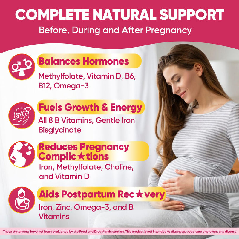 Prenatal Vitamins for Women Gummies w/ Methylfolate 1mg, Omega 3 DHA 800mg | Iron, Choline, Iodine, Vitamin D3 B6 B12 - Multivitamin for Women Before, During & After Pregnancy, Sugar Free, Vegan, 120Cts 60 Count (Pack of 2)