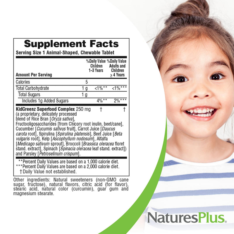 NaturesPlus Animal Parade KidGreenz, Tropical Fruit Flavor - 90 Animal-Shaped, Chewable Tablets - Pack of 2 - With Broccoli & Spinach - Vegetarian, Gluten Free - 180 Total Servings