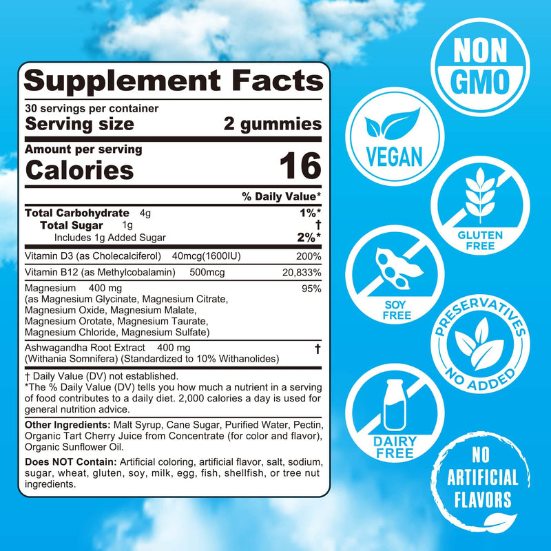 Magnesium Glycinate Complex Gummies 400mg + Ashwagandha | 8 Forms, 120Cts | Magnesium Supplement with Glycinate, Citrate, Malate & More, plus Vitamin D3 & B12, Supports Calm, Zzz & Mood, Vegan. 60 Count (Pack of 2)