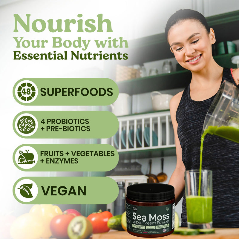 Atlantic Naturals Organic Sea Moss Super Greens Powder Superfood 5000mg | Daily Green Superfood Powder for Energy, Digestion & Immune Support | Enriched with Fruits, Veggies & Probiotics, Mixed Flavor