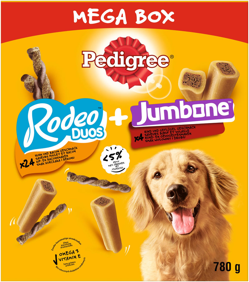 Pedigree dog snacks mix pack with Rodeo Duos Chicken & Bacon (24 pieces) and giant bones beef & poultry (4 pieces), 780g - BeesActive Australia