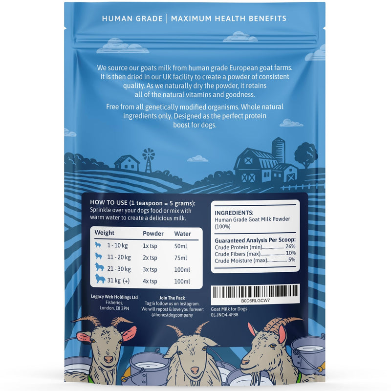 Honest Dog Co. Goats Milk Powder for Dogs | Packed with Protein, Calcium & Vitamins for Immunity, Recovery & Growth | Premium Supplement for Puppies & Adult Dogs | Made in UK | 225g | 45 servings