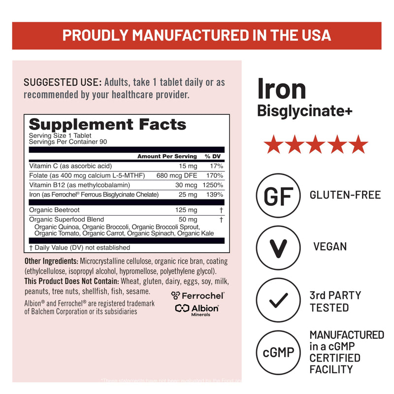 NatureWise Vegan Iron Supplement for Women & Men - Gentle on Stomach High Absorption - Coated Iron Bisglycinate Tablets + Vitamin C, Methyl B12, Folate & Organic Food Blend - 90 Tablets[90-Day Supply] Unflavored 90 Count (Pack of 1)
