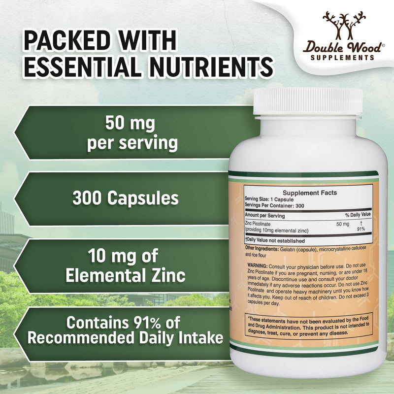 Zinc Picolinate 50mg, 300 Capsules (Immune Support) Non-GMO, Gluten Free (300 Day Supply) by Double Wood Supplements - BeesActive Australia