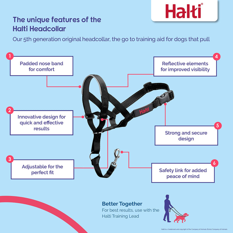 HALTI Headcollar Size 4, Black & HALTI Training Leash Size Large, Black Combination Pack - Stop Your Dog Pulling on the Leash. Adjustable, Lightweight with Padded Nose Band. Suitable for Large Dogs Size 4 Head Collar - BeesActive Australia