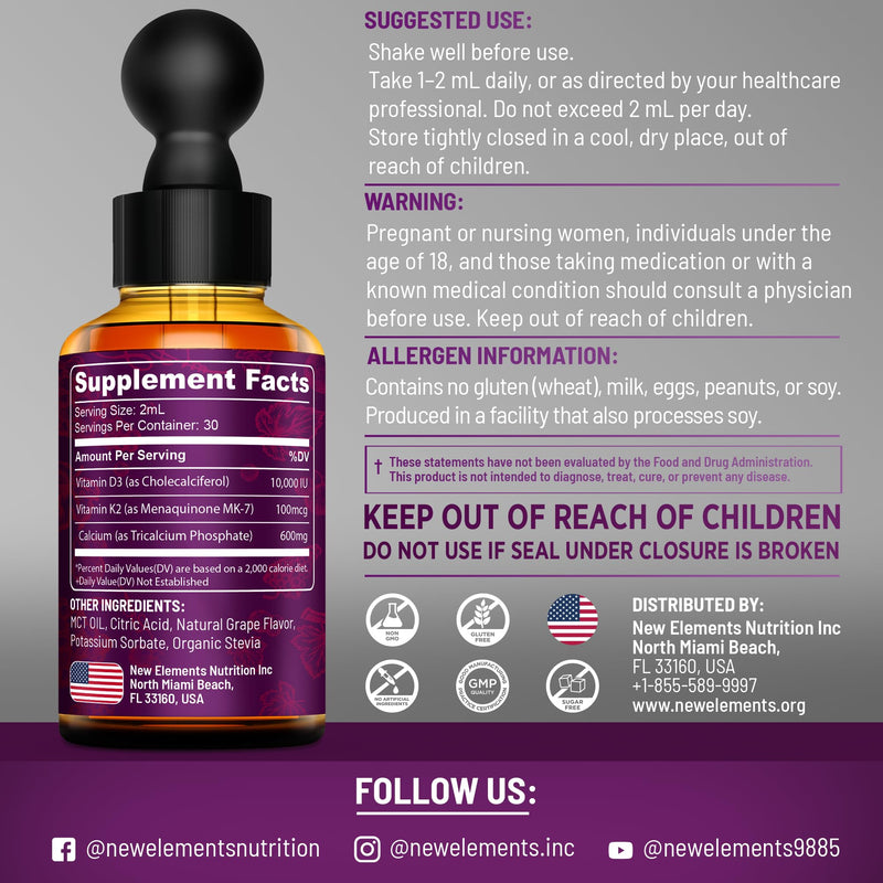 New Elements [2 𝐏𝐚𝐜𝐤] Liquid Vitamin D3 K2 Drops with Calcium for Adults | Vitamin D3 10,000 IU | D3 K2 with Calcium for Bone Health & Immunity Support | Joint Health Supplement | Non-GMO | Vegan
