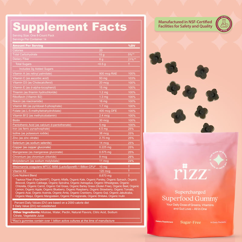 RIZZ Sugar-Free Green Gummies - 60+ Superfoods 6g Fiber - 30 Day Supply Prebiotic and Probiotic Gummies - Vegan Multivitamins for Women & Men - Gluten Free - Mushroom, Fruit and Vegetable Supplements