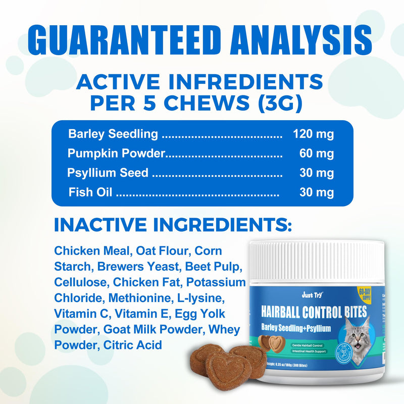 Just Try 300 Bites Hairball Control Cat Treats - Hairball Treatment & Relief for Cats - with Cat Grass, Pumpkin, & Omega-3 Fish Oil, Crunchy Chicken Flavor Crunchy Bites
