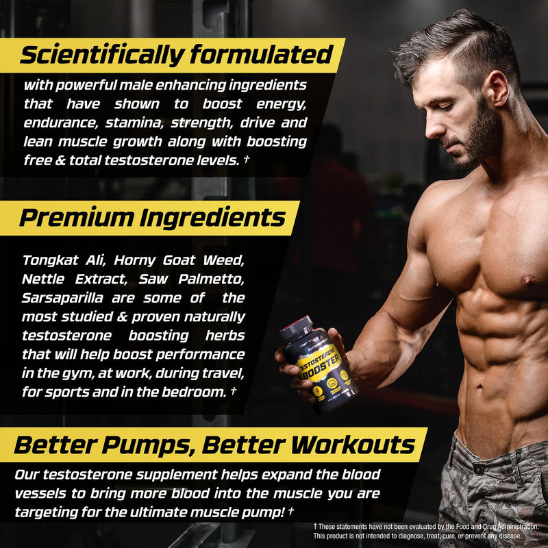 Testosterone Booster for Men - Male Enhancing Supplement for Muscle Growth | Boost Stamina, Strength, Energy, Endurance - Helps Improve Fast Acting Blood Flow - Workout & General Wellness Pills - 2 PACK