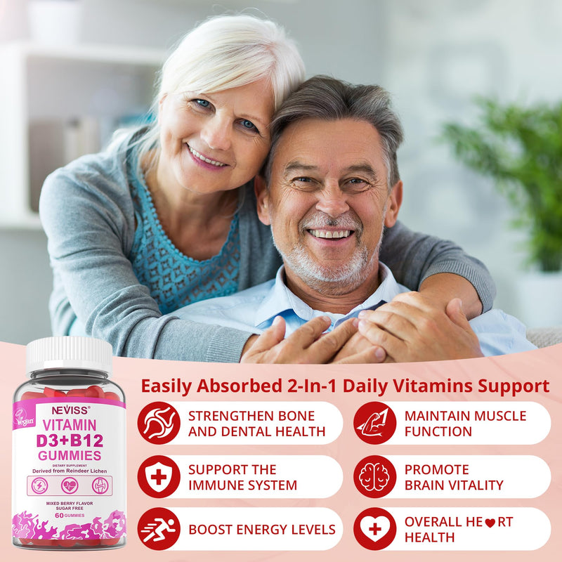 NEVISS Vegan Vitamin D3 5000IU + Vitamin B12 Gummies for Women Men, 60Ct | High Potency D3 5000IU & 1000 mcg Methylated B12, Vitamin D3 and B12 Supplement for Adults, Bone, Immune & Energy, Sugar Free 60 Count (Pack of 1)