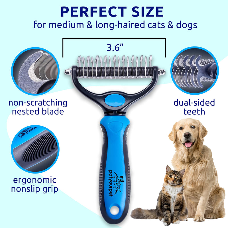 Pat Your Pet Deshedding Brush - Double-Sided Undercoat Rake for Dogs & Cats - Shedding Comb and Dematting Tool for Grooming, Extra Wide Blue - BeesActive Australia