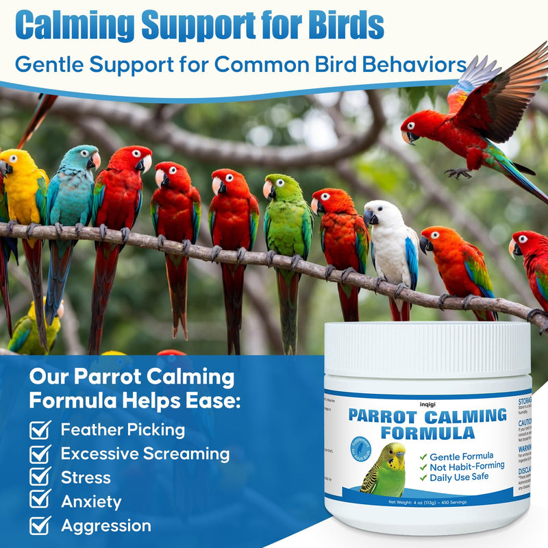 Parrot Calming Supplement – 4oz – Natural Bird Behavior Support Powder for Travel, Loud Noises & Visitors – Vet-Formulated, Easy Daily Use for Parrots