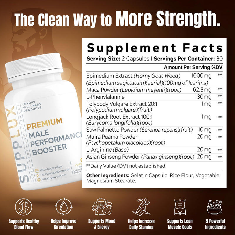 Premium Male Performance Booster - Horny Goat Weed + 8 Ingredients | Pills for Men Fast Acting Blood-Flow, Muscle Building, Energy | 3rd Party Tested Supplement - 60 Pills for Adults