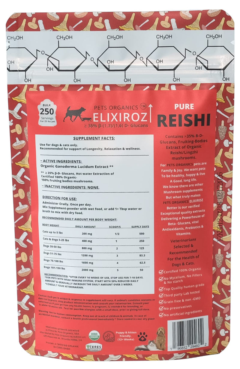 Reishi Mushroom Extract for Dogs & Cats – 35%+ Beta Glucans – Fruiting Body (8:1–12:1 Concentrated) – Immune Support, Calming & Relaxation – No Fillers – 250 Servings