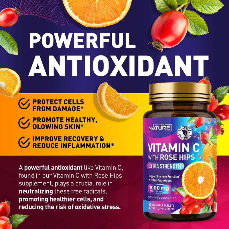 Built by Nature Chewable Vitamin C with Rose HIPS 1000mg 60 Tablets Orange Flavor, Non-GMO, Gluten-Free, Vegan, Immune Support & Antioxidant 60 Count (Pack of 1)