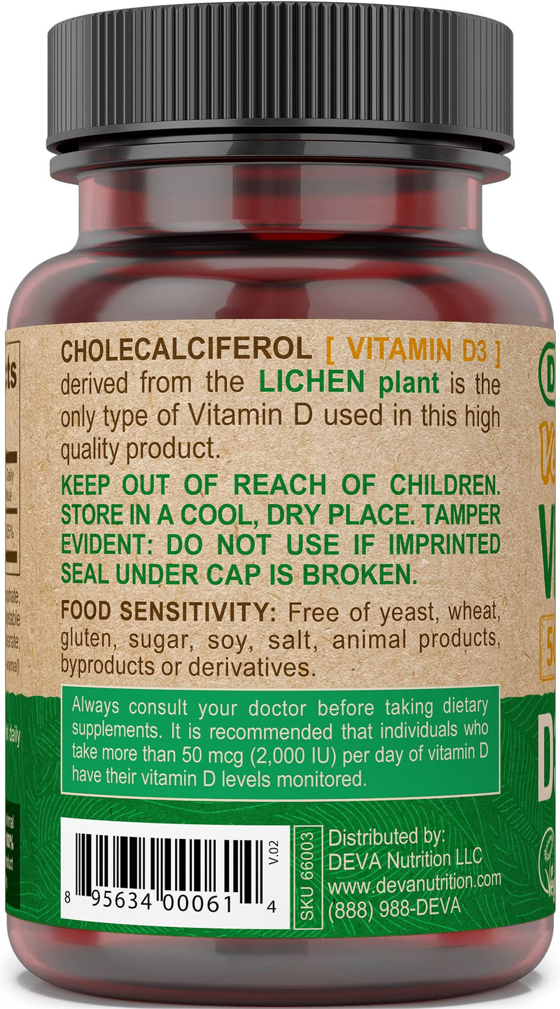 DEVA Vitamin D3 5000 IU, Sunshine Supplement, 125 mcg of Vegan D3, 90-Count Bottle (Pack of 2) 90 Count (Pack of 2)