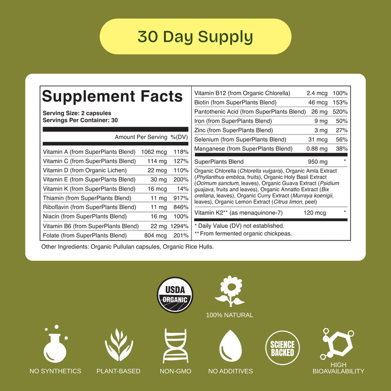 SUPER PLANTS Organic Whole Food Multivitamin - Energy, Immunity and Mood | All Natural, No Synthetics - For Men and Women - Non-GMO Daily Multivitamin (30 Servings)