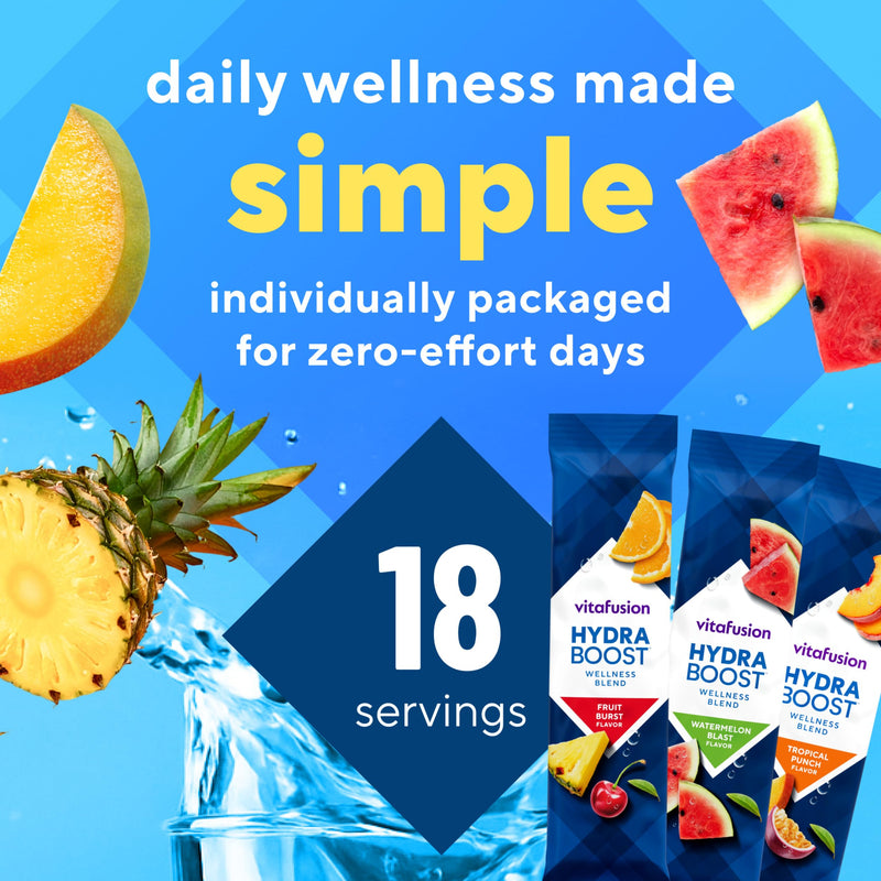 Vitafusion Hydraboost Drink Powder Packets, Electrolytes Support Daily Hydration, Vitamins Support Cellular Energy & Immune Health, Prebiotic Fiber Supports Gut Health, Variety Pack, 18 Sticks