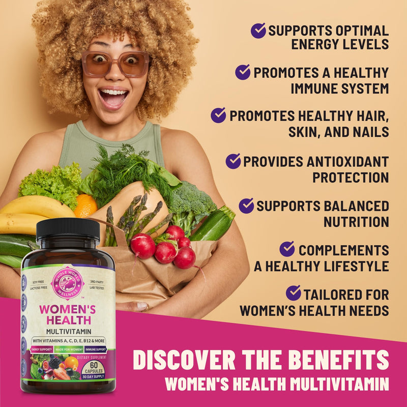 Womens Daily Multivitamin Multimineral Supplement for Energy, Mood, Focus, Hair, Skin & Nails. Made for Women with 30+ Nutrients, Fruit & Energy Blend. Womens Vitamins, USA Made.