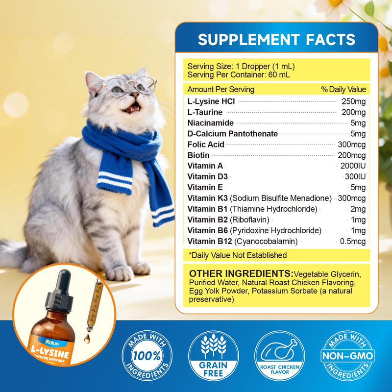 L-Lysine Supplement for Cats - Immune Support Lysine Drops of All Ages - Feline Respiratory, Sneezing, Runny Nose, Eye Function - Boost Natural Strengthen Defenses, Roast Chicken Flavor 60 ML
