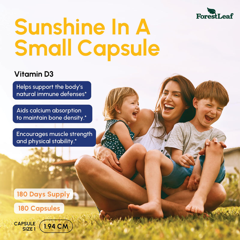ForestLeaf Vitamin D3 5000 IU | VIT D - VIT D3 Vitamin D Supplements for Women and Men | Bone Health, Teeth and Immune Support | Easy to Swallow Pills | One Capsule Daily, 6-Month Supply, 180 Count 5,000 IU - 180 Count