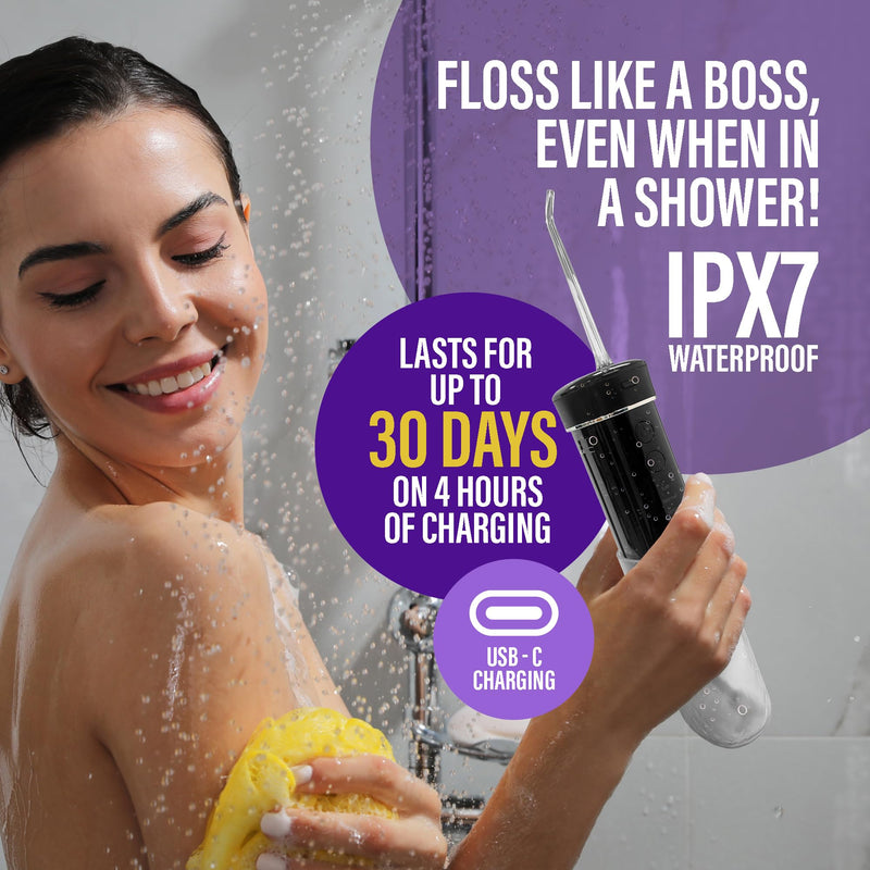 GuruNanda Compact Water Dental Flosser, Portable Travel Size Oral Irrigator Flosser with Collapsible 180 ml Tank, Smart Timer, 4 Flossing Modes, TSA-Friendly - Black