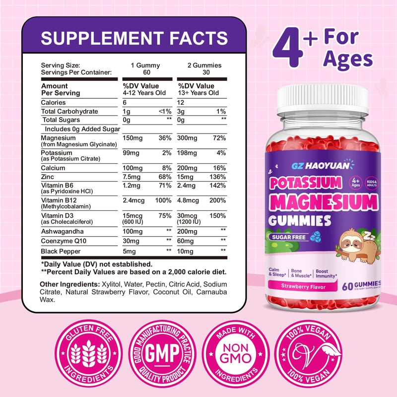 Magnesium Gummies for Kids - Magnesium Glycinate Gummies with Vitamin D3, B6, Potassium & Ashwagandha, Magnesium for Kids & Adults Relaxation, Sleep, Brain & Bone Health - Strawberry 60ct (2 Pack) 60 Count (Pack of 2)