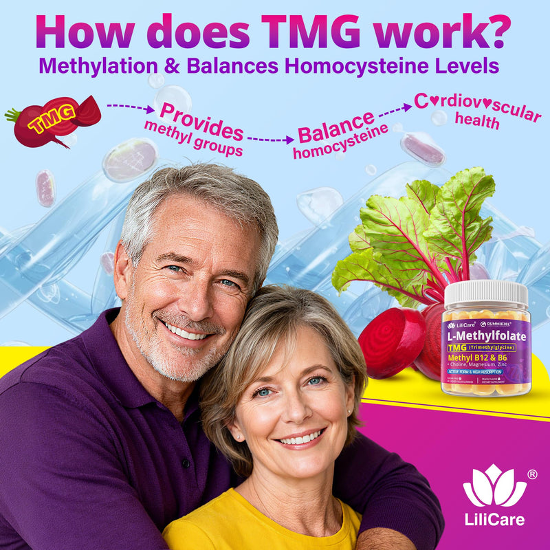 L-MethylFolate 15mg 7.5mg & B12 1000 mcg Gummies, Methylated B Complex + TMG, Magnesium, Choline - Active 5-MTHF(B9) + Methyl B12, B6, Multivitamin - Support Methylation, Cognition, Mood, Sugar Free 60 Count (Pack of 1)
