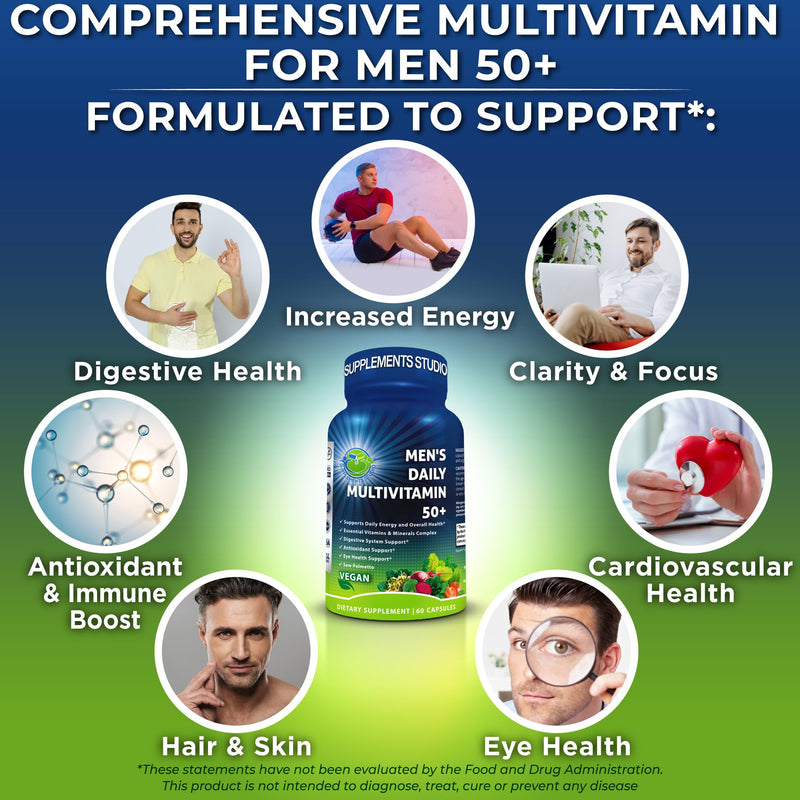 Vegan Methylated Multivitamin for Men 50 and Over - Saw Palmetto & Lutein | Men's Daily Multivitamin 50 Plus - Eye, Energy & Digestive Support, Organic Superfoods, Biotin, Easy-to-Swallow Capsules 60 Count (Pack of 1) Men's 50+ Multivitamin