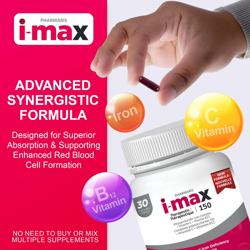 Pharmaris i-max 150 mg Elemental Iron Supplement, 30 Vegan Capsules | Polysaccharide Complex, Vitamin C 250 mg & B12 1000 mcg for Women & Men, Vegan, Gluten-Free, No Artificial Dyes, Once Daily 30 Count (Pack of 1)