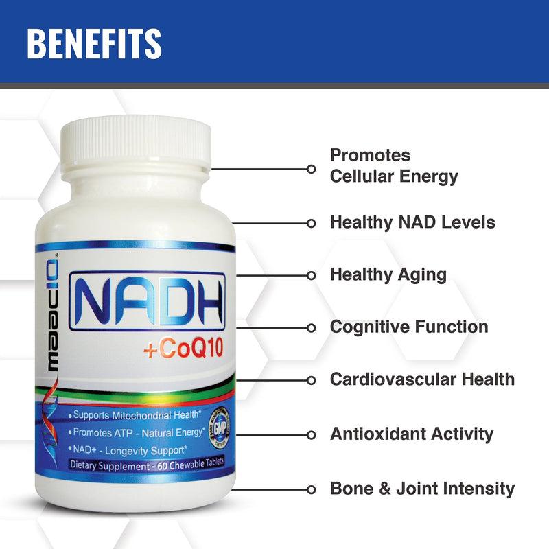 MAAC10 NADH + CoQ10 Supplement, Great Tasting Chewable Tablets, 60 Tablets | For Fatigue, Cellular Energy and Mental Focus, NAD+ Supplement with 50mg PANMOL® NADH + 100mg CoQ10, 30 Day Serving 60 Count (Pack of 1)