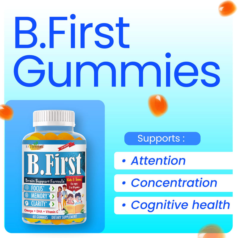 B.First Brain Focus Gummies for Kids & Teens, Omega 3 for Kids DHA Supplement, Chewable Brain Vitamins for Memory & Concentration, Focus Gummies for Children, Plant Based, Non-GMO, 60 Count
