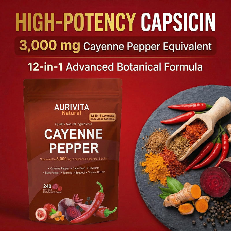 Aurivita Capsaicin Softgels,aurivita Capsaicin Power，with Vitamin E, D3+K2, Grape Seed, Hawthorn, Beet Root & Berberine Extracts -240 Capsules 1pcs