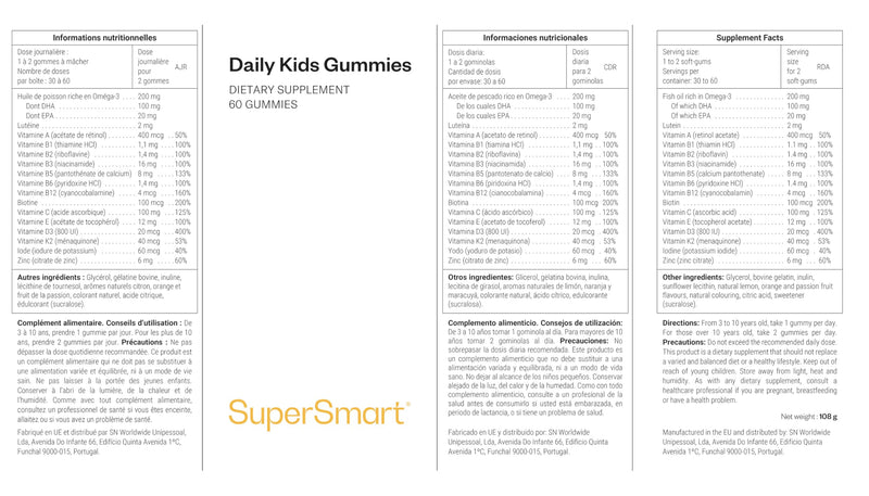Supersmart Sugar-Free Kids Multivitamin Gummies - Assorted Fruit Flavors for Ages 3+ Toddlers & Kids - with Omega 3 (EPA/DHA), Vitamin D3, C, B, E, K2, Lutein & Zinc | Optimal Doses | 60 Gummies
